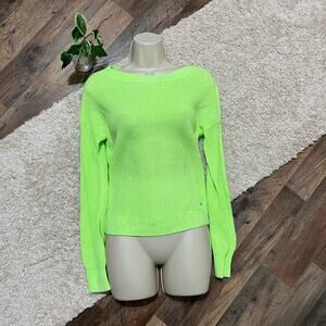 Hollister Medium Oversized Retro Y2K Neon Green Ribbed Crewneck Pullover Sweater